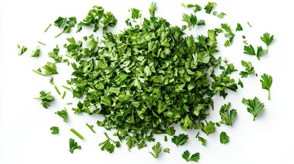 Obraz premium Chopped dry parsley leaves, pile isolated on white background, top view isolated on white background,. Created using Generative AI Technology