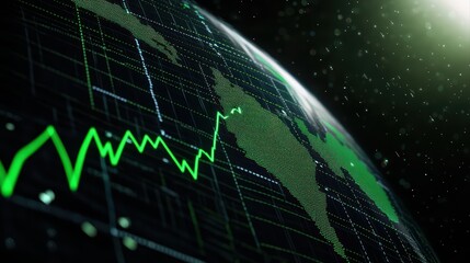 Digital world map with green growth trend lines