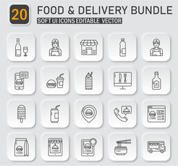 Elegant soft UI icons representing a diverse range of food and delivery services