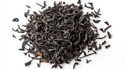 Dry black tea leaves pile isolated on white background, top view. Food isolated on white. Photo realistic photo.