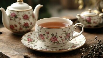 Serene Tea Time: A delicate tea cup and saucer filled with steaming tea sit alongside a matching teapot and sugar bowl, creating a scene of quiet elegance and peaceful enjoyment.