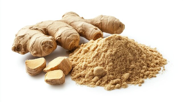 Ginger powder or Indian long pepper finely ground alone on white background. Medical specialties isolated on white. Photo realistic photo.