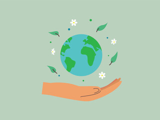A hand is holding a globe with flowers and leaves surrounding it. Concept of protecting and preserving the Earth