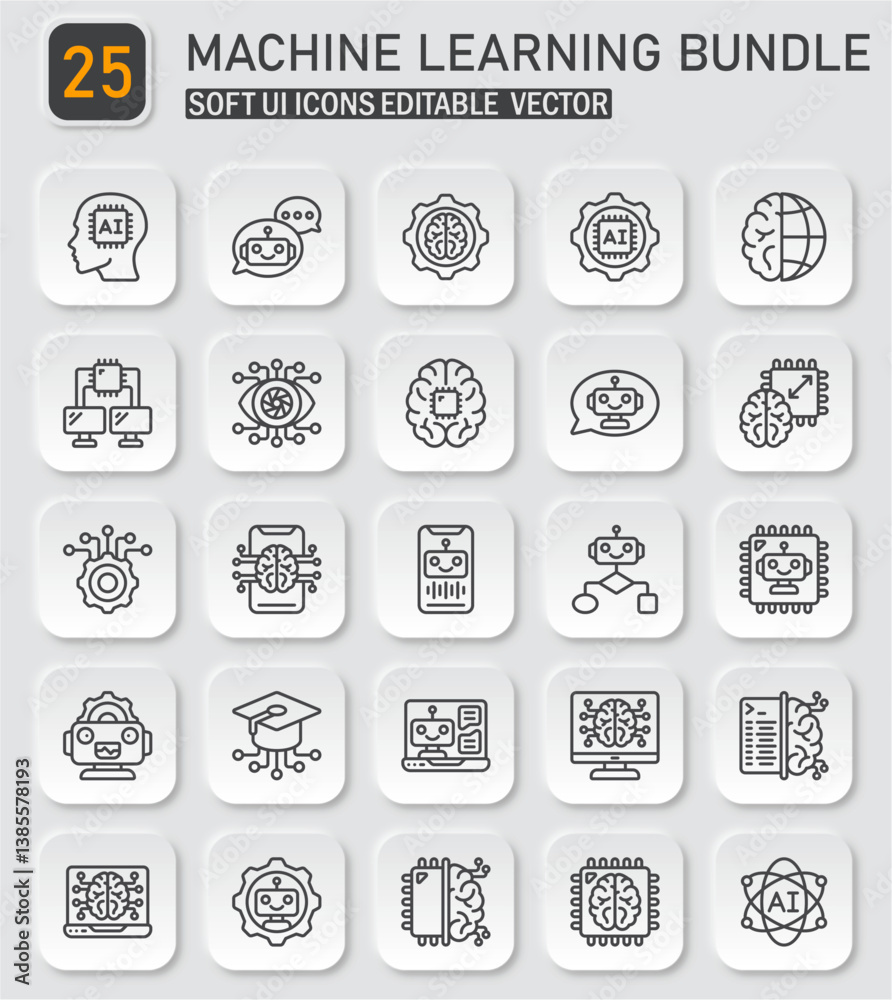 Poster modern machine learning and ai soft ui icon set for technology and innovation projects