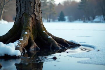 Tree trunk and roots exposed in frozen lake winter, roots, frozen