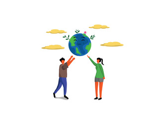 Two people smiling while holding a globe. The globe is green and has a happy face on it. Concept of unity and positivity towards the environment