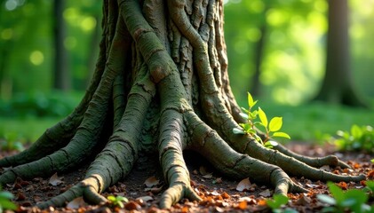 Tree trunk with gnarled bark and twisted roots, gnarled, bark, tree trunk