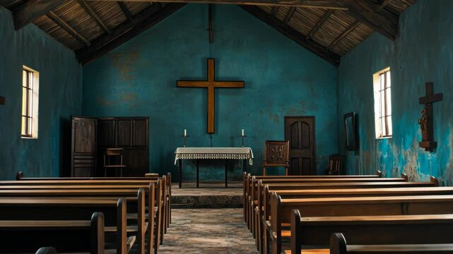 Rustic Church Interior: Tranquil Sanctum with Wooden Pews and Blue Walls