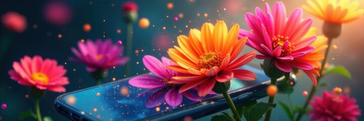 Fototapeta premium Colorful flowers spin rapidly on a smartphone display, vibrant hues dance in motion, petals, colorful, spinning