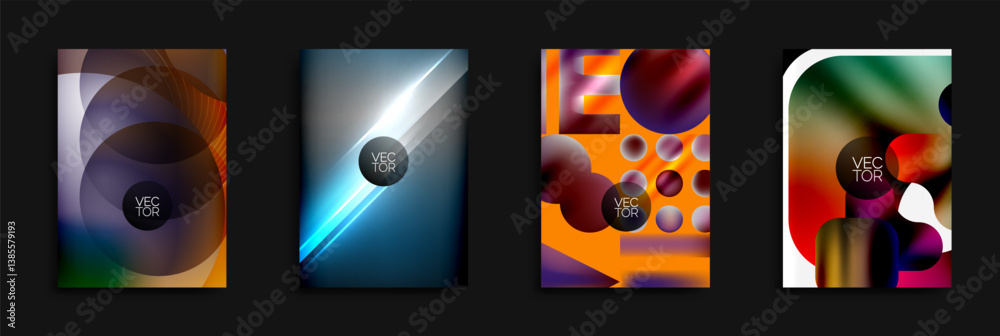 Poster Four abstract vector backgrounds. Designs feature vibrant color gradients, geometric shapes, overlapping circles, lines. Modern, dynamic compositions suitable for digital projects.