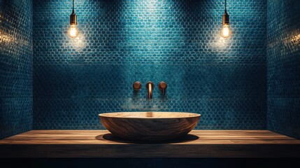Modern Wooden Sink, Blue Tile Bathroom