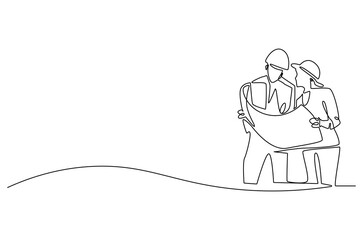 Continuous one line drawing of young architect discussing a construction project. Single line drawing illustration of architect brief. Building business concept vector art. Doodle line illustration.