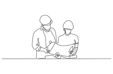 Continuous one line drawing of young architect discussing a construction project. Single line drawing illustration of architect brief. Building business concept vector art. Doodle line illustration.