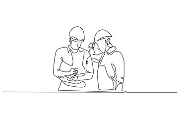 Continuous one line drawing of young architect discussing a construction project. Single line drawing illustration of architect brief. Building business concept vector art. Doodle line illustration.