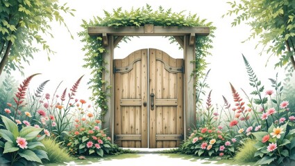 Wooden gate surrounded by flowers