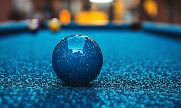 A close-up of a blue billiard ball on a vibrant pool table, with blurred background lights