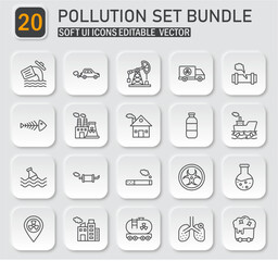 Collection of Environmental Pollution Icons Representing Sources of Contamination
