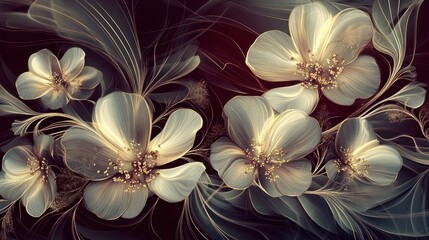 Elegant, gold-accented white flowers on a dark background.