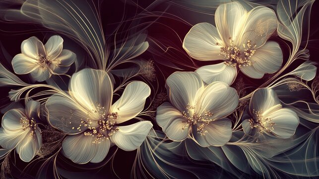 Fototapeta Elegant, gold-accented white flowers on a dark background.