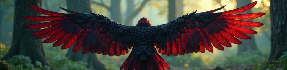 Obraz premium Majestic red black wings folded against a misty forest background, nature, dreamy