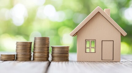 Wooden house model with stacks of coins outdoors