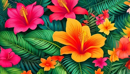 Vibrant tropical floral pattern with lush green leaves and bright orange, pink, and yellow