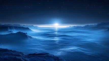 Fototapeta premium Surreal Nocturnal Oceanic Expanse with Gentle Rays Illuminating Pristine, Lifeless Depths Evoking Tranquil Ambiance
