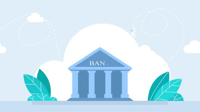 Bank building in blue. Bank building increases in size and decreases. Inscription "Bank" - the letters appear one after another. Bitcoin saving or accumulation of money, investment. 2d flat animation