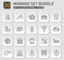 Mining operations detailed line icons, editable vectors for industrial applications
