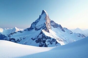 Obraz premium A mountain peak rises high on the snowy landscape, isolation, frozen,