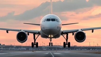 Fototapeta na wymiar Airplane Taking Off from Runway at Sunset with Powerful Engine Thrust and Clear Sky