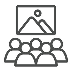 Painting and crowd of people line icon, city museum concept. Vector graphics. Picture painting with visitors, audience sign on white background, outline style icon for mobile or web design.