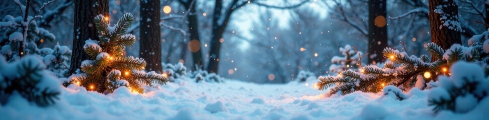 Fototapeta premium Snowy forest scene with Christmas decorations, Christmas Tree, Holiday Village