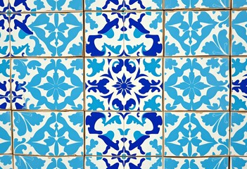 Close-up of vibrant blue and white Azulejos tiles forming a traditional Portuguese pattern in Lisbon, view, background