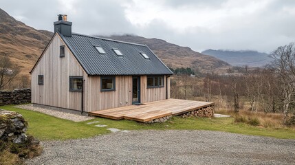 Obraz premium A cozy Scandinavian home with wooden cladding, a sloping roof, and sleek, modern lines. Clean surroundings and copy space.