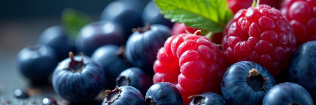 Close-up of vibrant blueberries and raspberries with dew drops on surface, close-up, dew drops, raspberries - Powered by Adobe