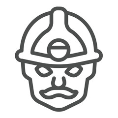 Man with mustache line icon, electrical service concept. Vector graphics. Head in helmet with flashlight, electrician sign on white background, outline style icon for mobile or web design.
