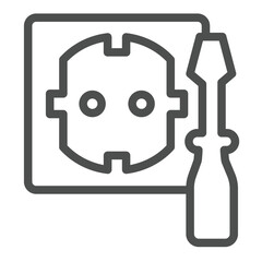 Screwdriver with socket line icon, electrician service concept. Vector graphics. Socket for electrical plug, outlet sign on white background, outline style icon for mobile or web design.