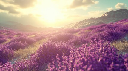 A field of purple lavender in full bloom with the sun shining brightly overhead. The vibrant colors and expansive view offer the perfect setting for copy space.