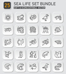 Comprehensive sea life icon collection in modern soft UI style vector design