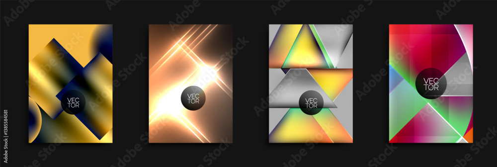 Aufkleber Four abstract vector backgrounds. Geometric shapes overlap, creating vibrant color gradients. Designs feature dynamic lines, triangles, squares, plus light effects. Modern aesthetic.