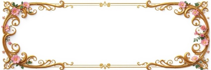 Ornate gold scroll frame with floral patterns on white background, decorative, vintage