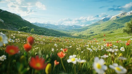 A lush green valley with rolling hills and wildflowers under a clear blue sky. The vibrant colors of nature create perfect space for copy.