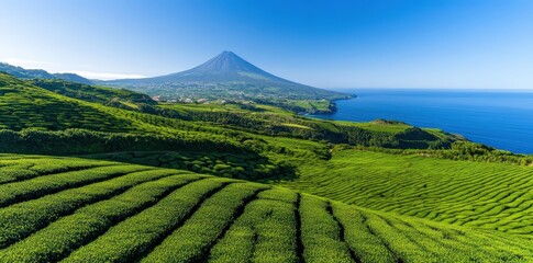 Obraz premium A stunning landscape featuring lush green tea fields with a backdrop of a prominent volcano and a clear blue ocean under a bright sky.
