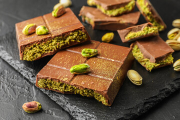 Pieces of Dubai chocolate bars with pistachios and knafeh on grey table, closeup