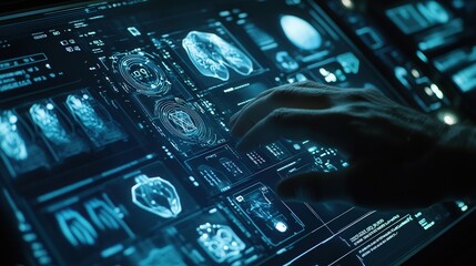 A hand is touching a computer screen that is displaying a variety of medical images. The images are in black and white and appear to be related to the human body. Scene is serious and focused