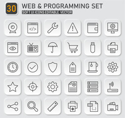 Web and programming icon set with editable vector graphic elements and soft UI design