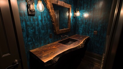 Rustic bathroom vanity with live edge wood countertop