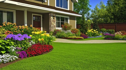 Fototapeta premium A modern house with a manicured front yard, vibrant summer flowers, and a clean lawn. Bright sunlight creates ample room for copy.