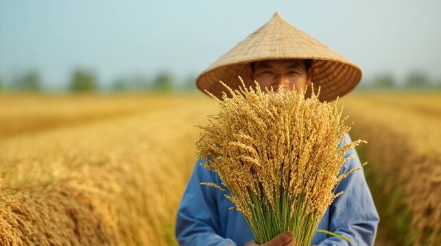 Harvesting farm plants rice collection in a lush field agricultural scene bright day close-up viewpoint sustainable farming practices